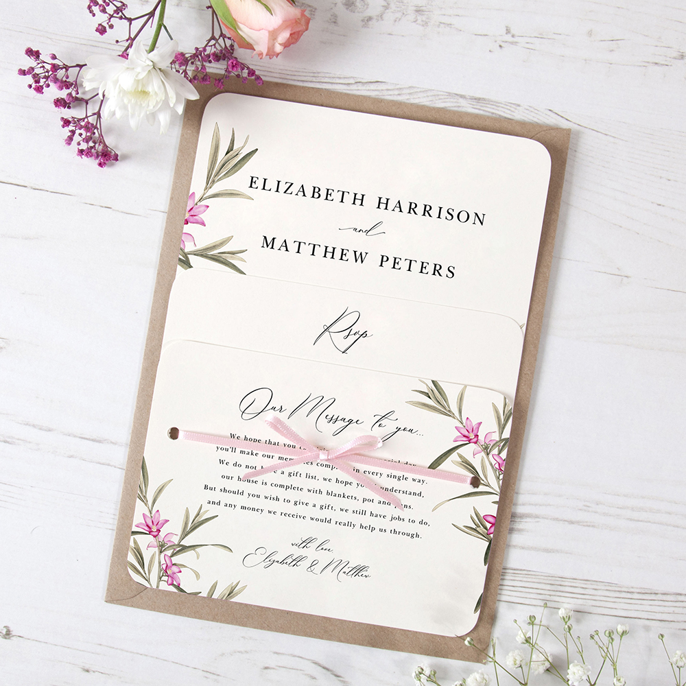 'Pink Botanical' Hole-punched Wedding Invitation Sample