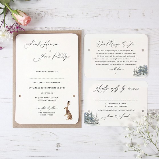 'Christmas Hare' Hole-punched Wedding Invitation Sample