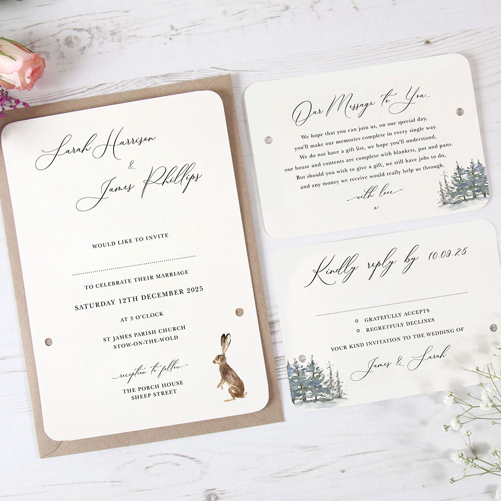 'Christmas Hare' Hole-punched Wedding Invitation
