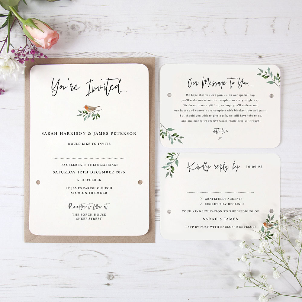 'Christmas Robin' Hole-punched Wedding Invitation