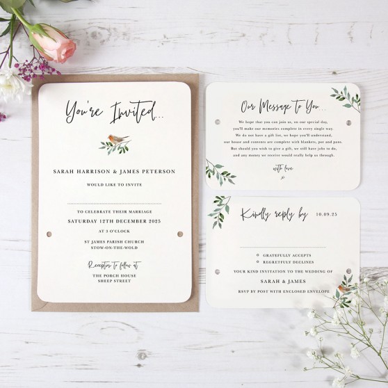 'Christmas Robin' Hole-punched Wedding Invitation Sample
