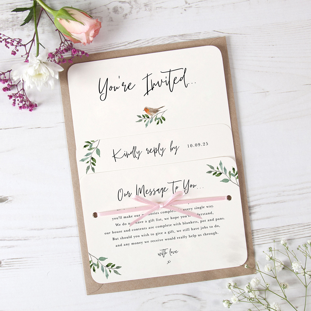 'Christmas Robin' Hole-punched Wedding Invitation