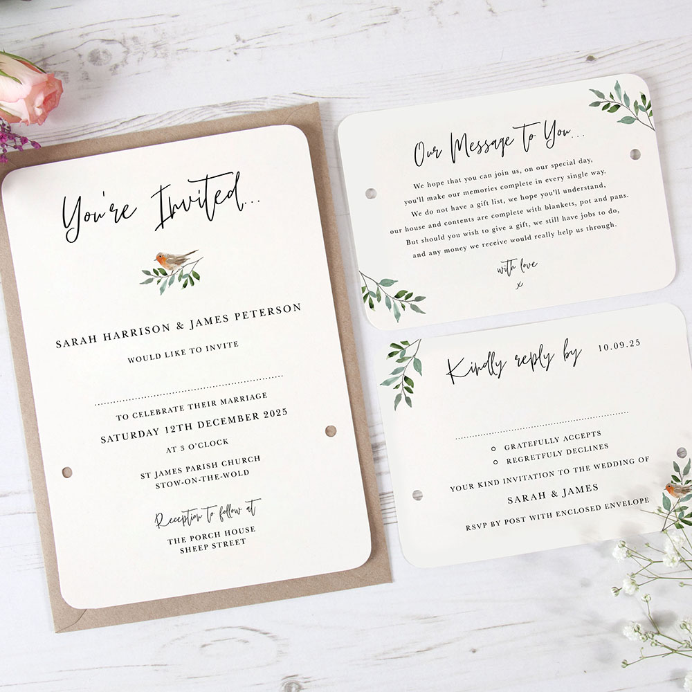 'Christmas Robin' Hole-punched Wedding Invitation