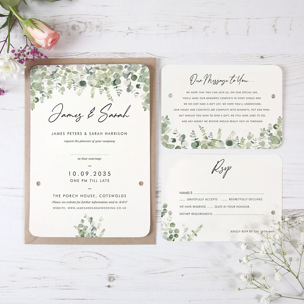 'Classic Eucalyptus' Hole-punched Wedding Invitation Sample