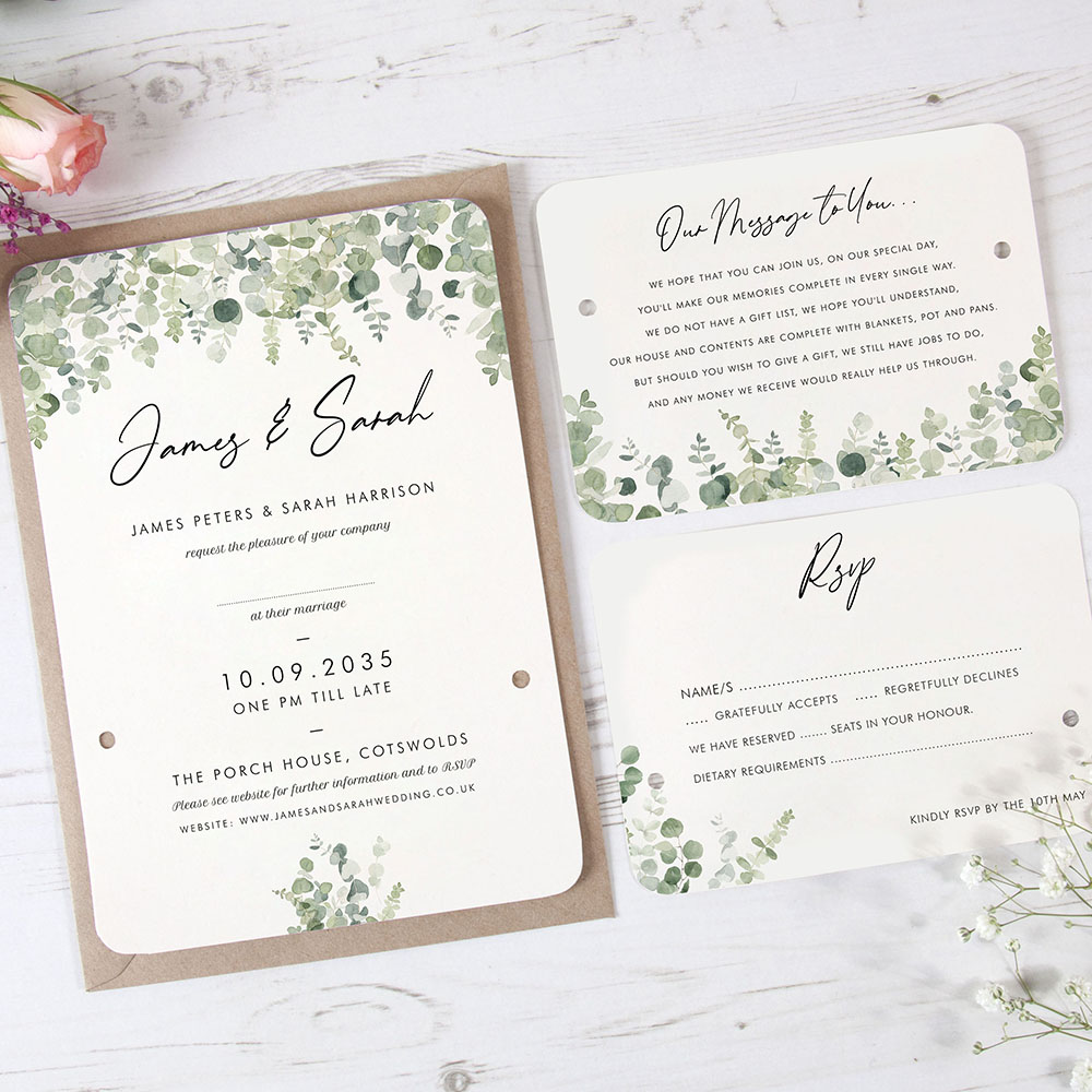 'Classic Eucalyptus' Hole-punched Wedding Invitation Sample