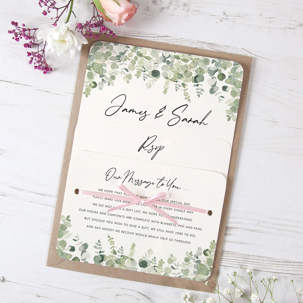 'Classic Eucalyptus' Hole-punched Wedding Invitation Sample
