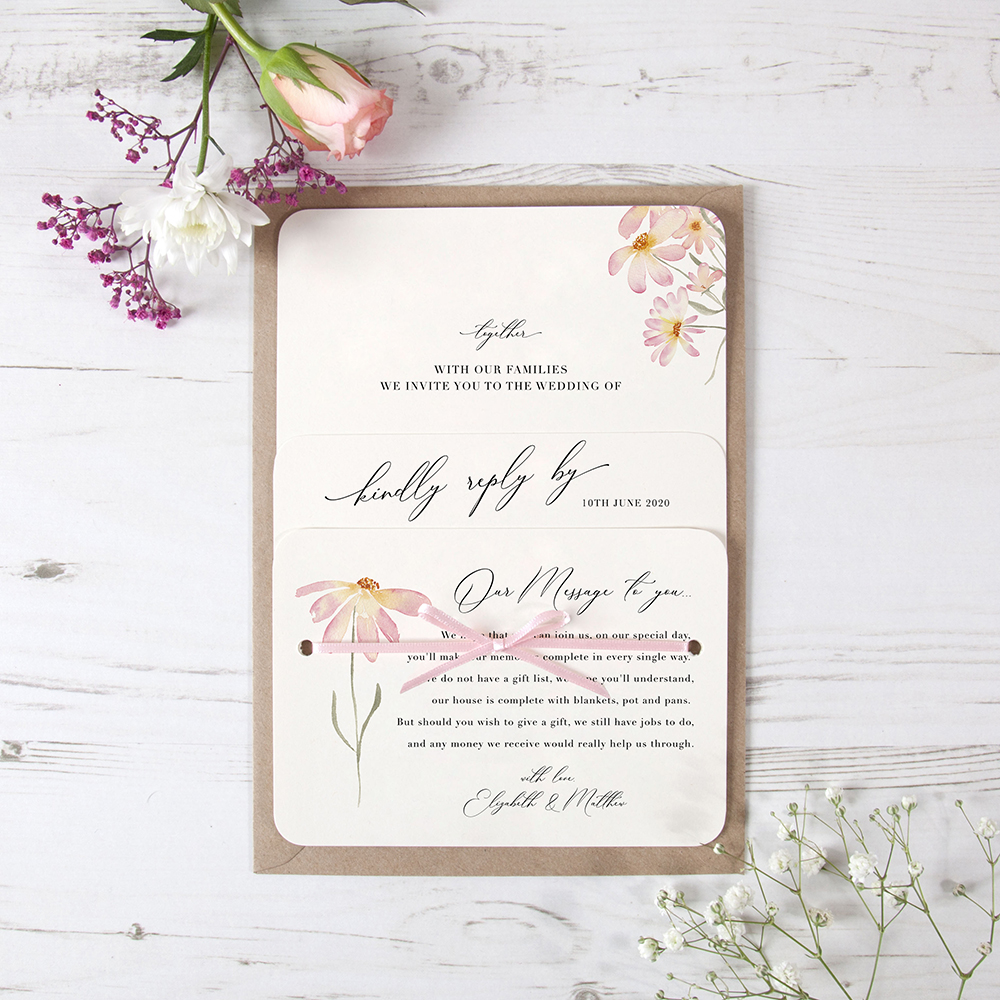'Daisy Pink' Hole-punched Wedding Invitation