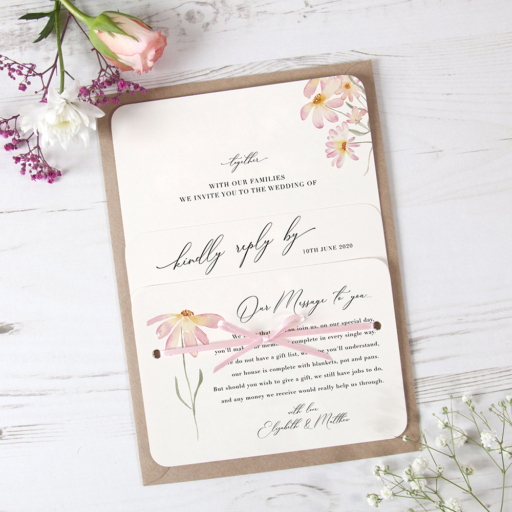 'Daisy Pink' Hole-punched Wedding Invitation