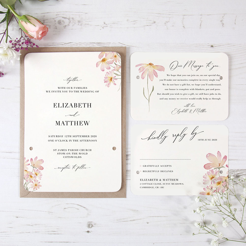 'Daisy Pink' Hole-punched Wedding Invitation