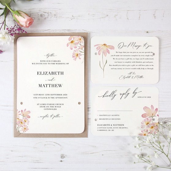 'Daisy Pink' Hole-punched Wedding Invitation Sample