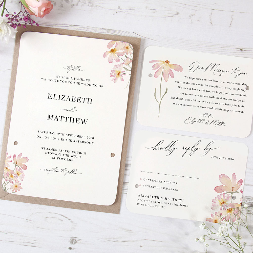 'Daisy Pink' Hole-punched Wedding Invitation