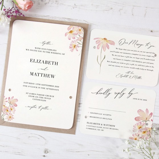 'Daisy Pink' Hole-punched Wedding Invitation