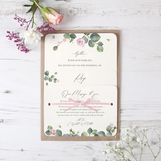 'Eucalyptus Blush' Hole-punched Wedding Invitation Sample