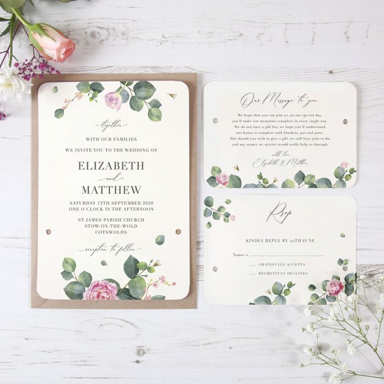 'Eucalyptus Blush' Hole-punched Wedding Invitation Sample