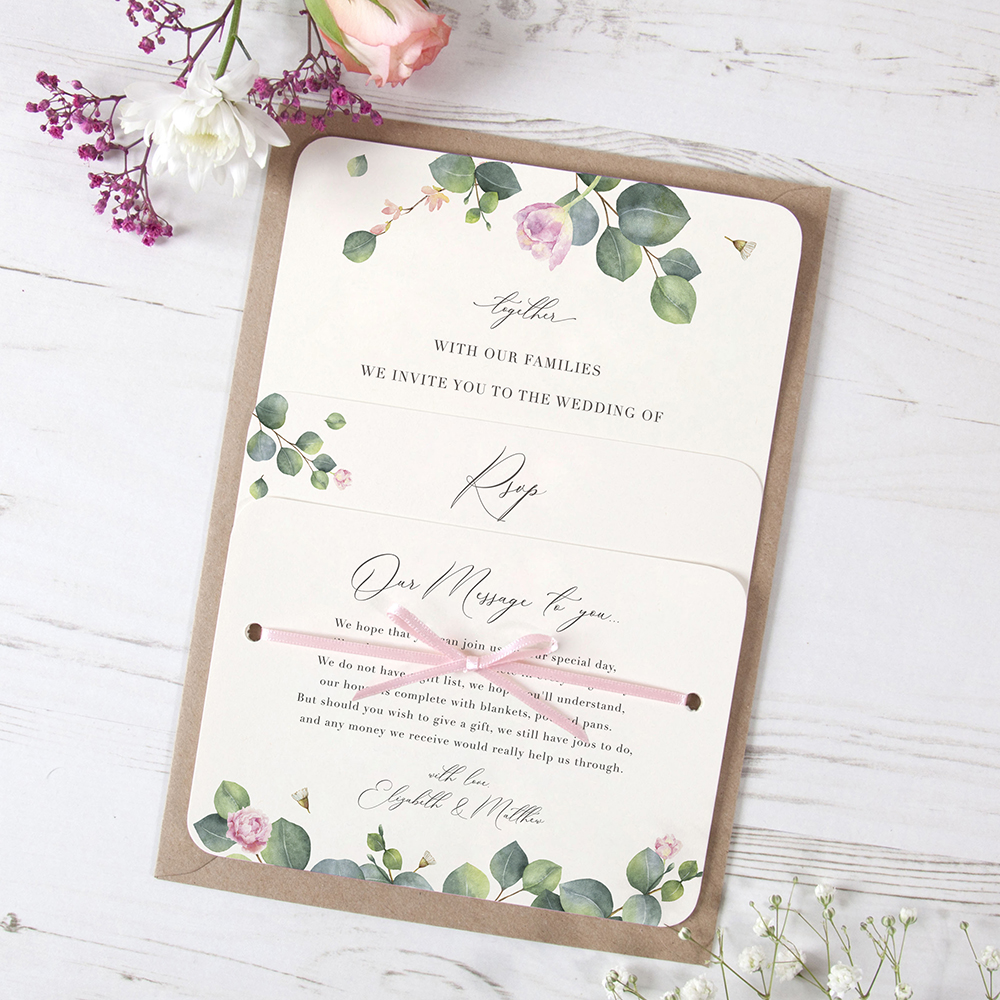 'Eucalyptus Blush' Hole-punched Wedding Invitation Sample