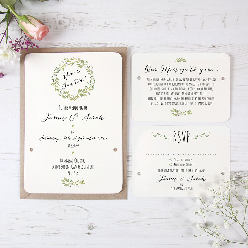 'Green Floral Watercolour' Hole-punched Wedding Invitation