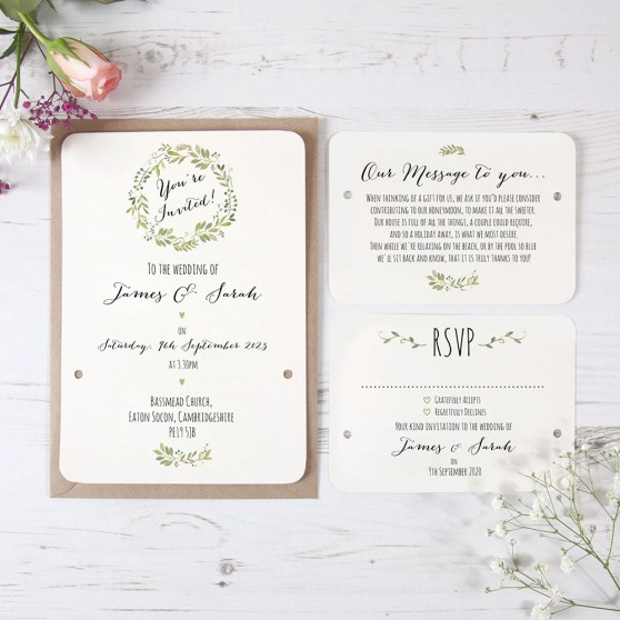 'Green Floral Watercolour' Hole-punched Wedding Invitation Sample