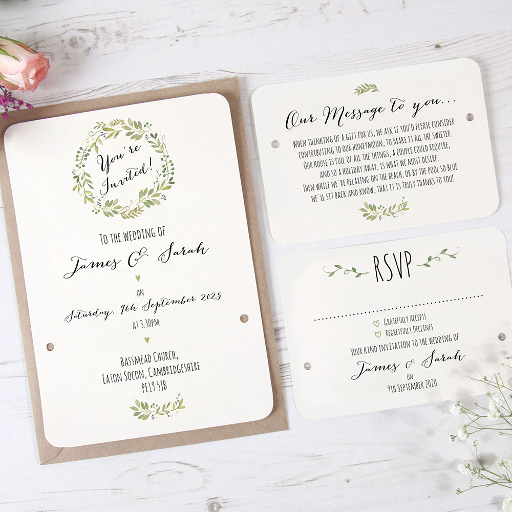 'Green Floral Watercolour' Hole-punched Wedding Invitation