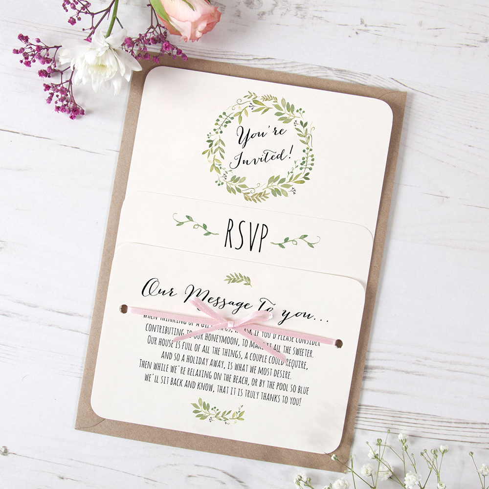 'Green Floral Watercolour' Hole-punched Wedding Invitation