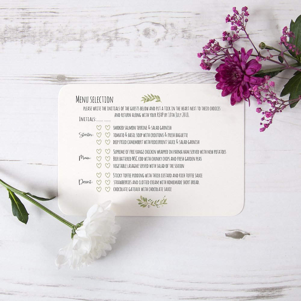 'Green Floral Watercolour' Hole-punched Wedding Invitation