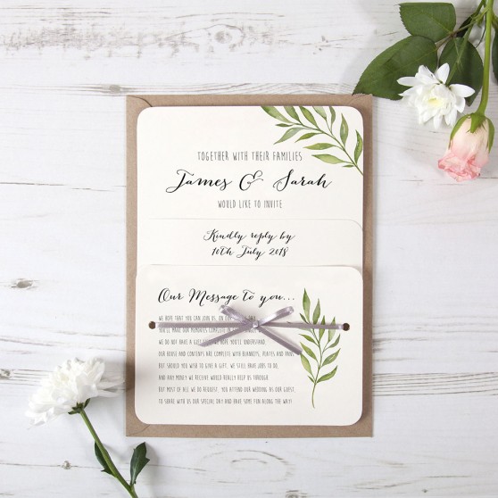 'Green Leaf' Hole-punched Wedding Invitation Sample