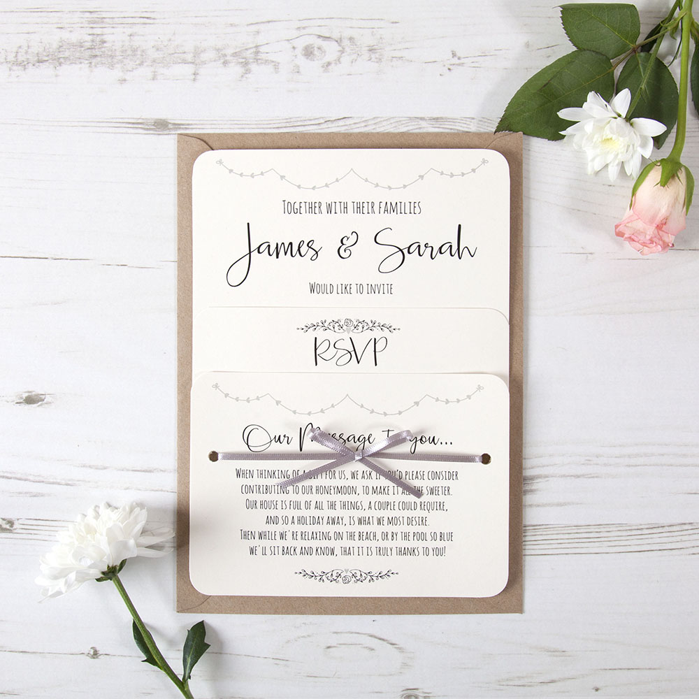 'Grey Heart Bunting' Hole-punched Wedding Invitation Sample
