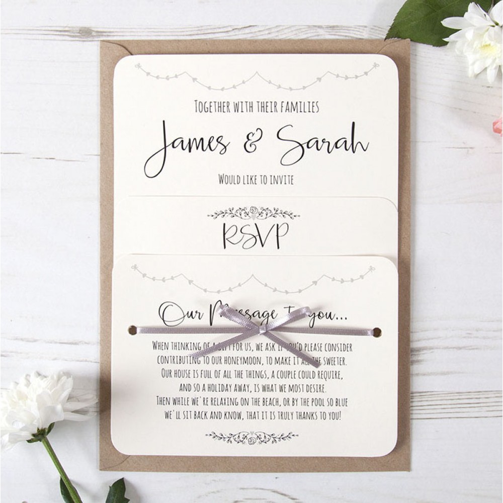 'Grey Heart Bunting' Hole-punched Wedding Invitation Sample