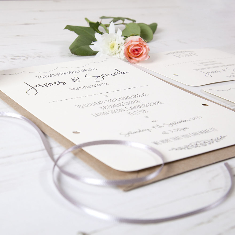 'Grey Heart Bunting' Hole-punched Wedding Invitation Sample