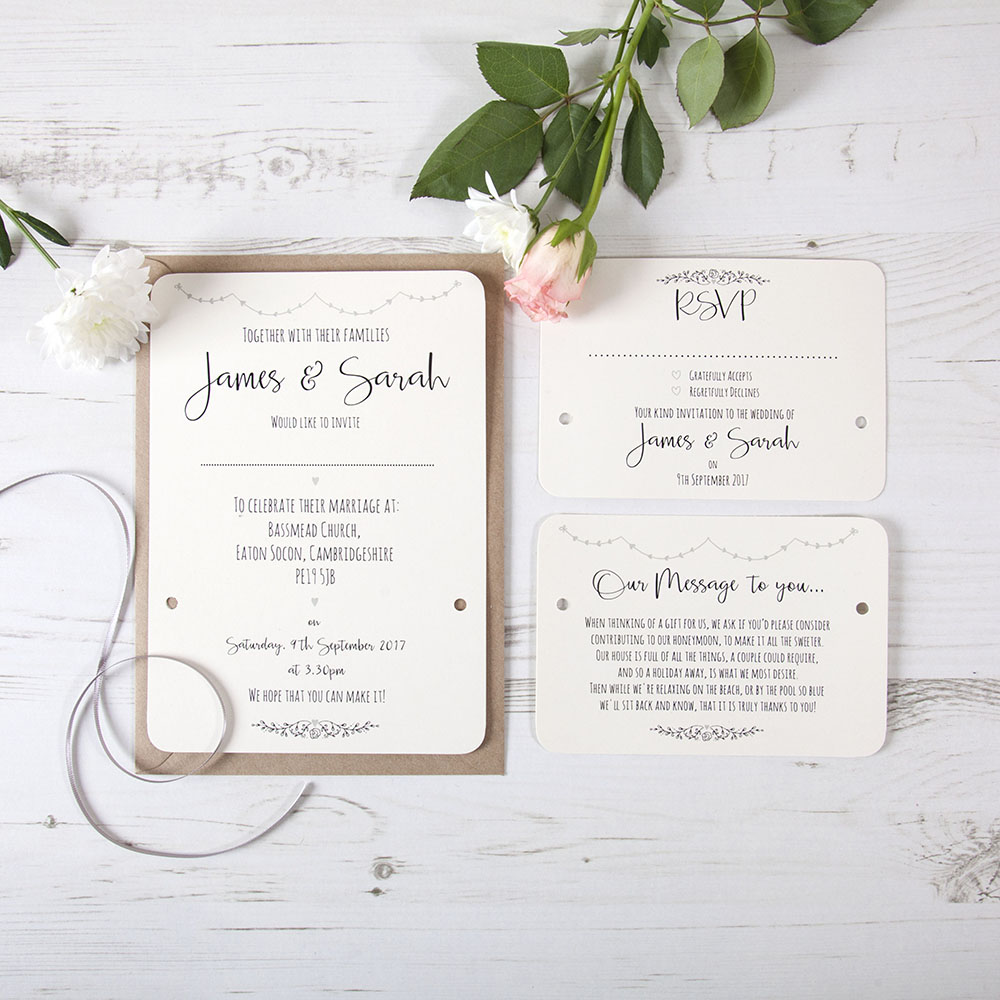 'Grey Heart Bunting' Hole-punched Wedding Invitation Sample