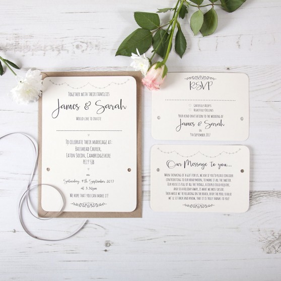 'Grey Heart Bunting' Hole-punched Wedding Invitation Sample