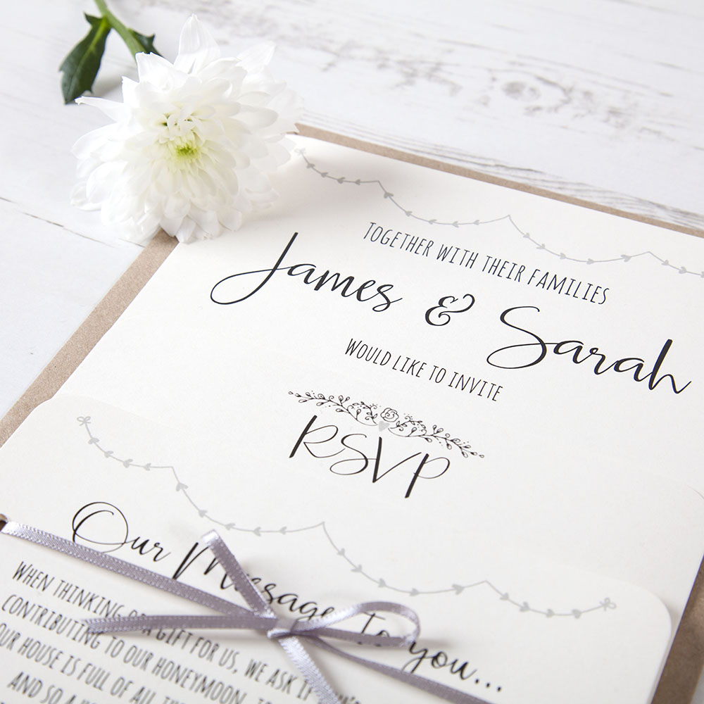 'Grey Heart Bunting' Hole-punched Wedding Invitation Sample