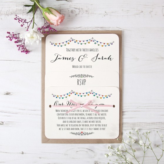 'Multi Flag Bunting' Hole-punched Wedding Invitation Sample