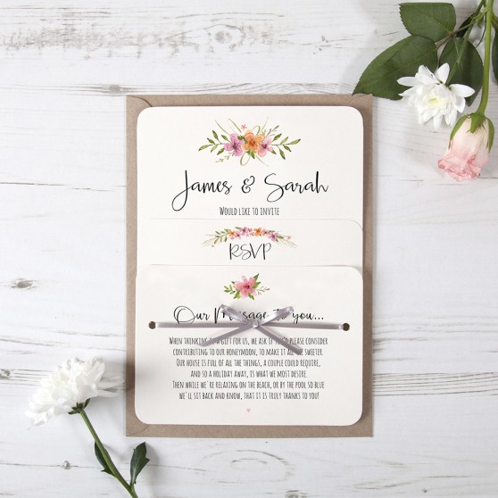 'Multi Floral Watercolour' Hole-punched Wedding Invitation Sample