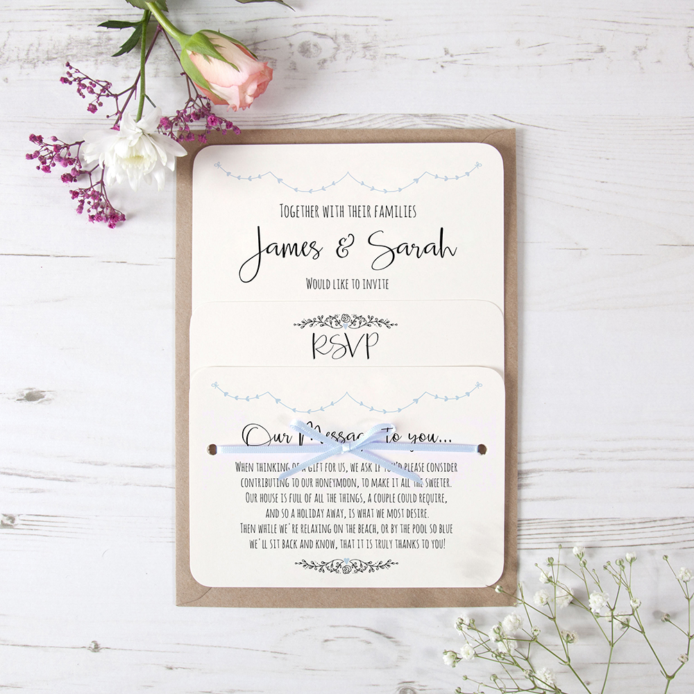 'Pale Blue Heart Bunting' Hole-punched Wedding Invitation Sample