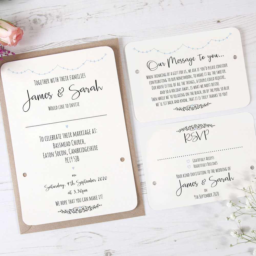 'Pale Blue Heart Bunting' Hole-punched Wedding Invitation Sample