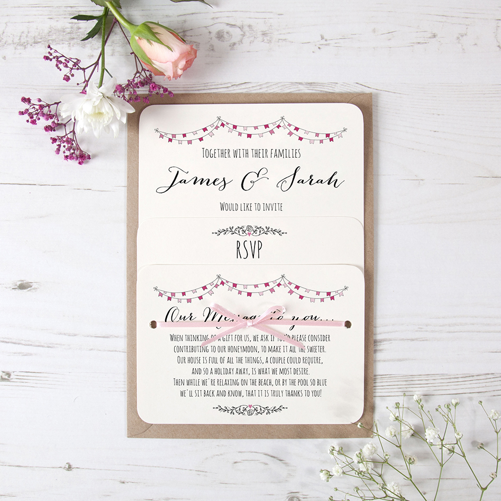 'Pink Flag Bunting' Hole-punched Wedding Invitation