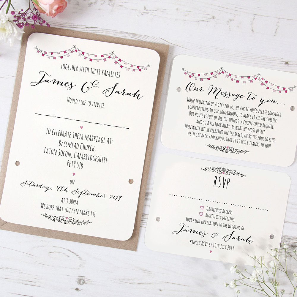 'Pink Flag Bunting' Hole-punched Wedding Invitation