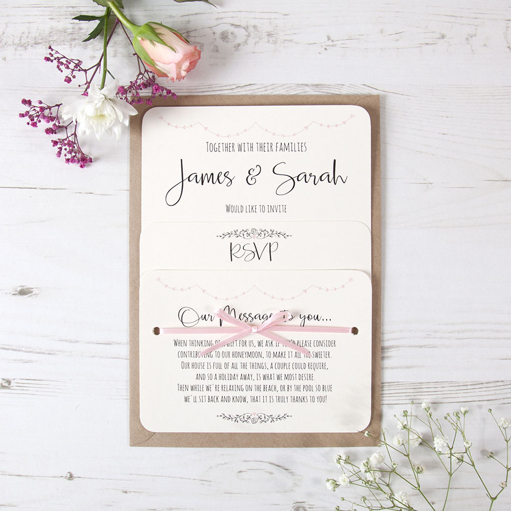 'Pink Heart Bunting' Hole-punched Wedding Invitation