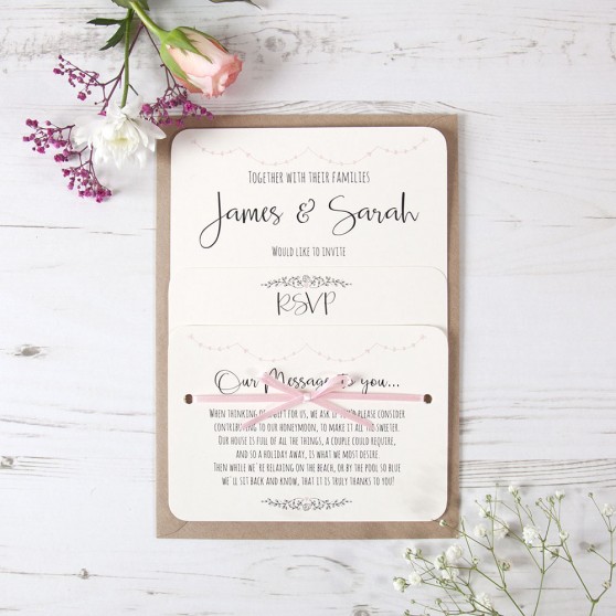 'Pink Heart Bunting' Hole-punched Wedding Invitation Sample