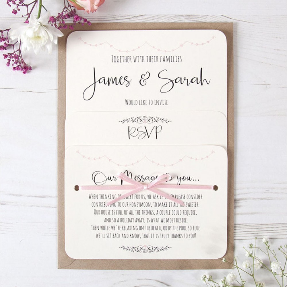 'Pink Heart Bunting' Hole-punched Wedding Invitation