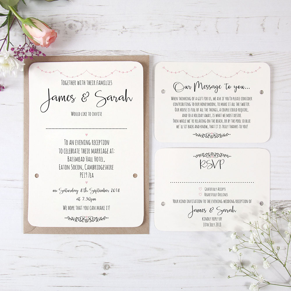 'Pink Heart Bunting' Hole-punched Wedding Invitation