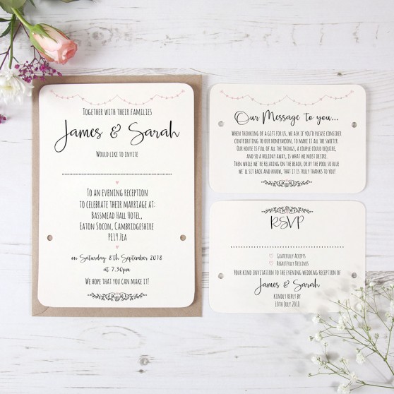 'Pink Heart Bunting' Hole-punched Wedding Invitation Sample