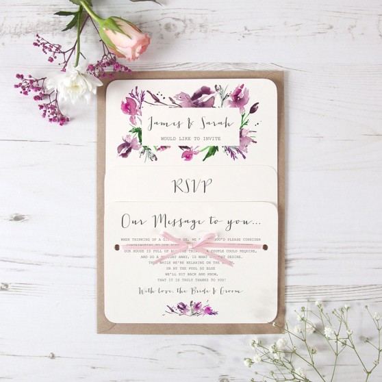 'Pink Iris' Hole-punched Wedding Invitation 