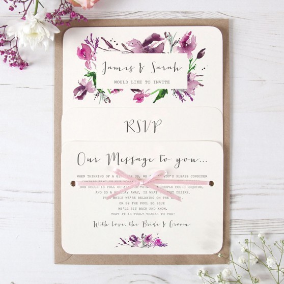 'Pink Iris' Hole-punched Wedding Invitation Sample