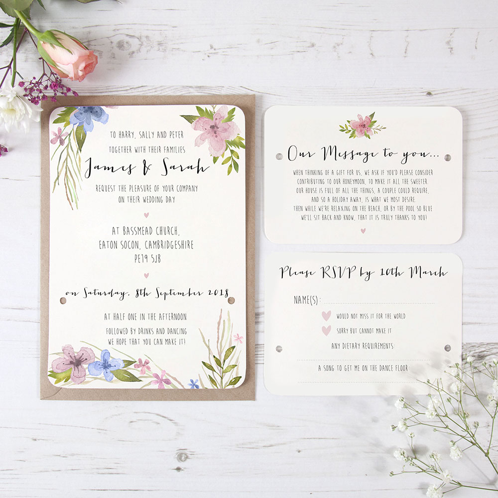 'Pretty in Blue & Pink' Hole-punched Wedding Invitation Sample