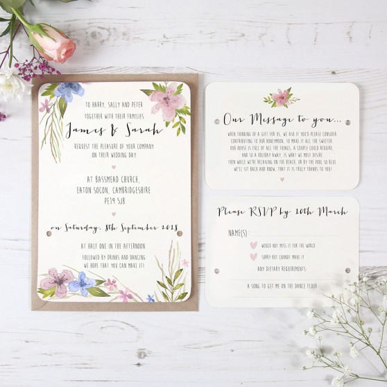 'Pretty in Blue & Pink' Hole-punched Wedding Invitation Sample