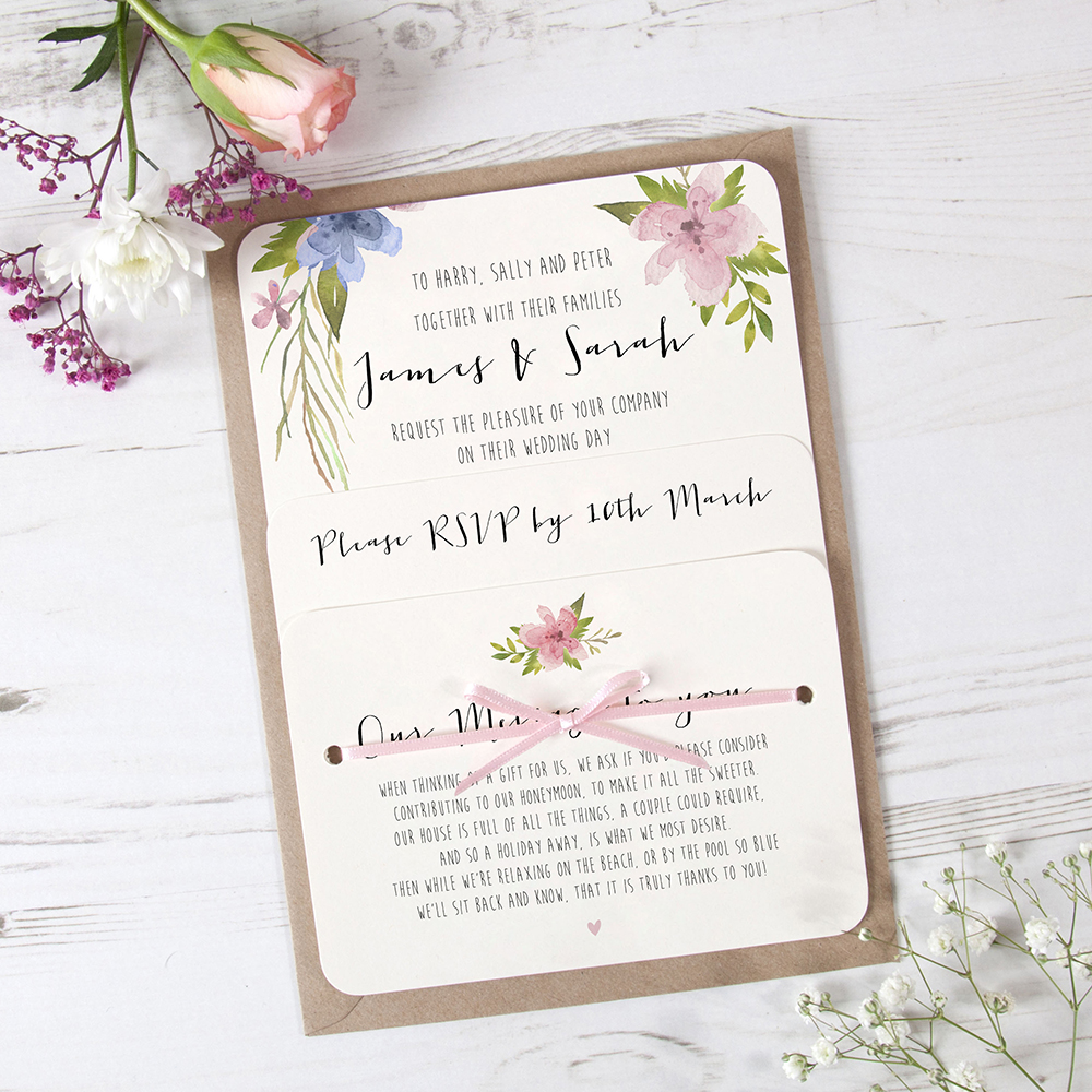 'Pretty in Blue & Pink' Hole-punched Wedding Invitation Sample