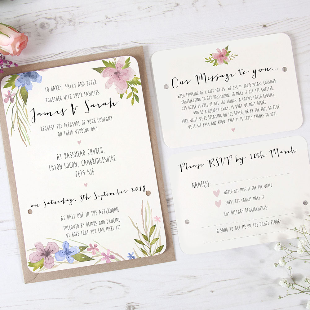 'Pretty in Blue & Pink' Hole-punched Wedding Invitation Sample