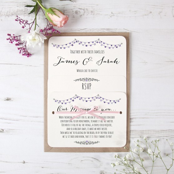'Purple Flag Bunting' Hole-punched Wedding Invitation Sample