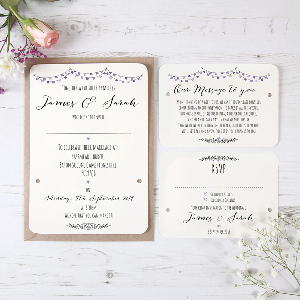 'Purple Flag Bunting' Hole-punched Wedding Invitation
